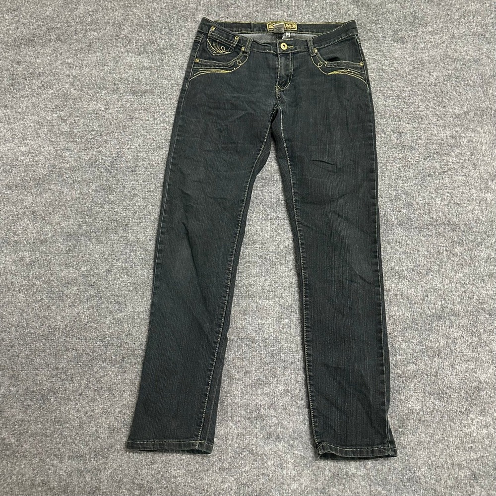 Tough Club Jeans Womens Size 7 Black Dark Wash Embroidered Slim Straight Stretch